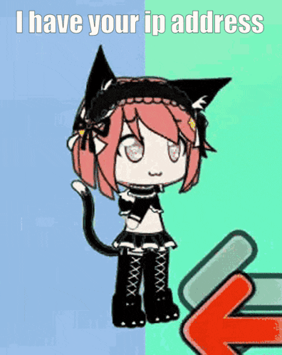 a cartoon girl with cat ears is standing next to a red arrow that says i have your ip address