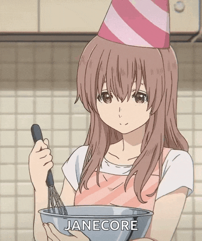 a girl wearing a party hat is mixing something in a bowl with janecore written on the bottom