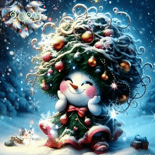 a picture of a snowman with a christmas tree on his head