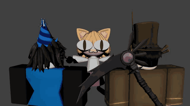 a 3d model of a cat wearing a party hat and holding a scythe