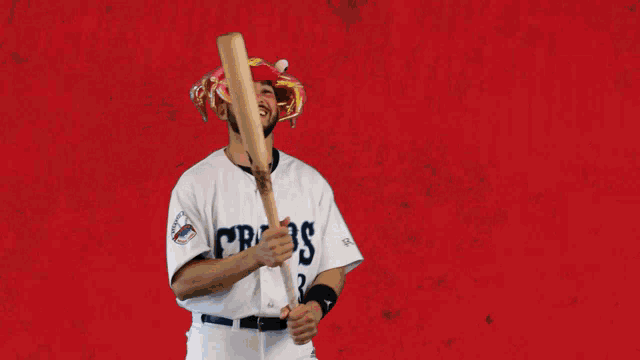 a baseball player wearing a crab hat and holding a bat