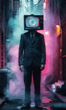 a man in a suit and tie has a tv on his head
