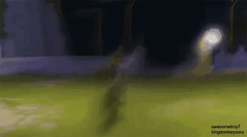 a blurry picture of a person walking on a field at night with the words awesometroy7 kingdomkeysora on the bottom