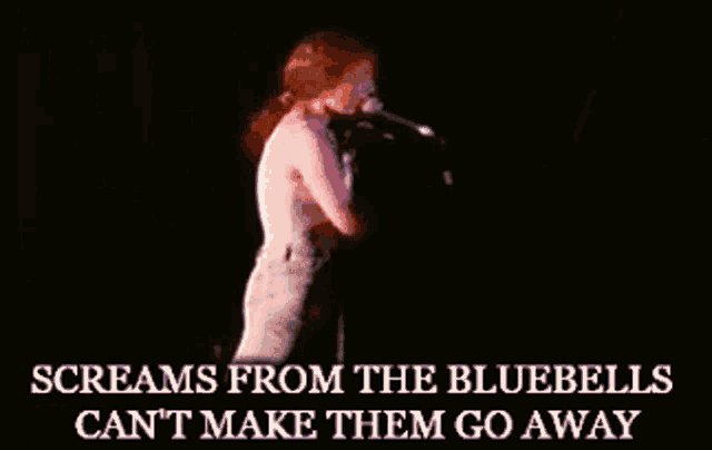 a girl singing into a microphone with the words screams from the bluebells can 't make them go away