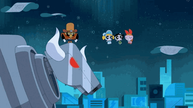 three cartoon characters are standing on top of a robot with the letter ic on it