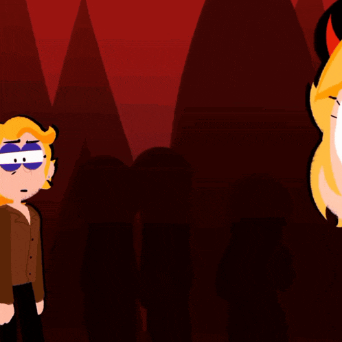 two cartoon characters are standing next to each other and one has a devil horn on his head