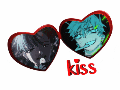 a couple of hearts with the word kiss in red