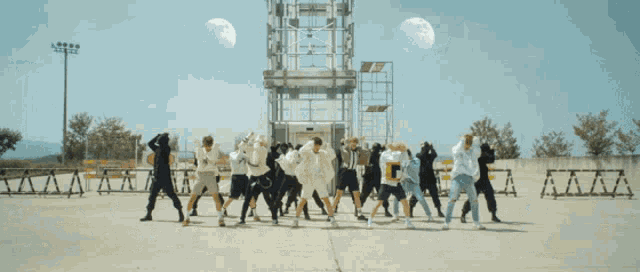 a group of young men are dancing in front of a blue sky with moons in the background