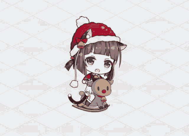 a girl wearing a santa hat is sitting on a rocking horse