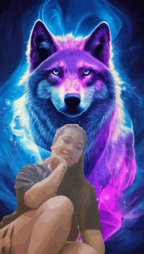a woman kneeling in front of a purple wolf