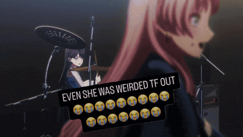 a girl playing drums next to a sign that says even she was weirded out