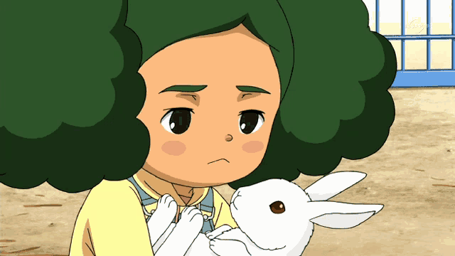 a little girl with green hair is holding a white rabbit in her arms