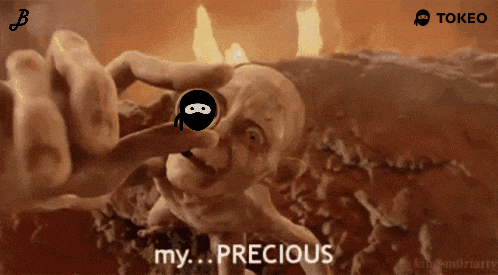 a cartoon of a gollum holding a coin with the words " my precious " on the bottom