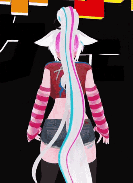 a girl with a ponytail and striped sleeves stands in a dark room