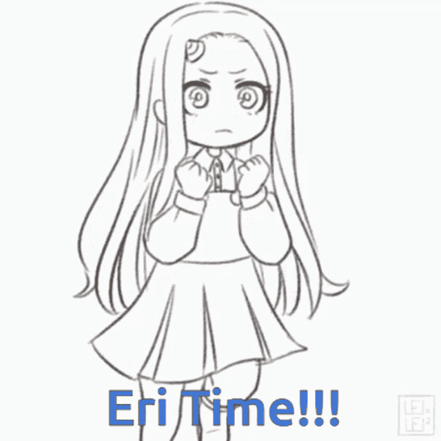 a black and white drawing of a girl with the words eri time