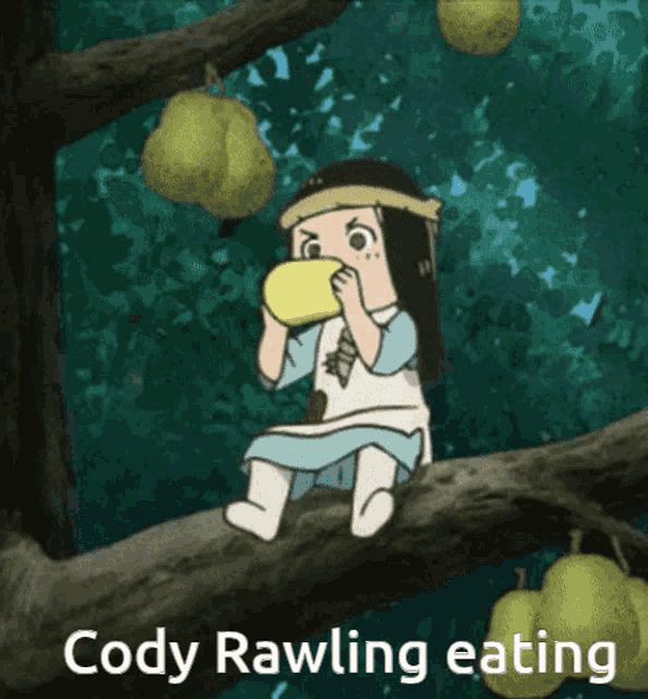 a cartoon of a girl sitting on a tree branch eating pears with the caption cody rawling eating