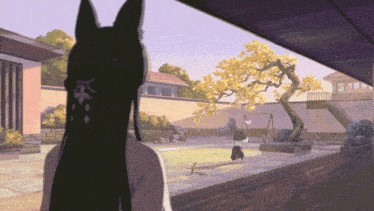 a cartoon drawing of a girl with long black hair standing in a yard
