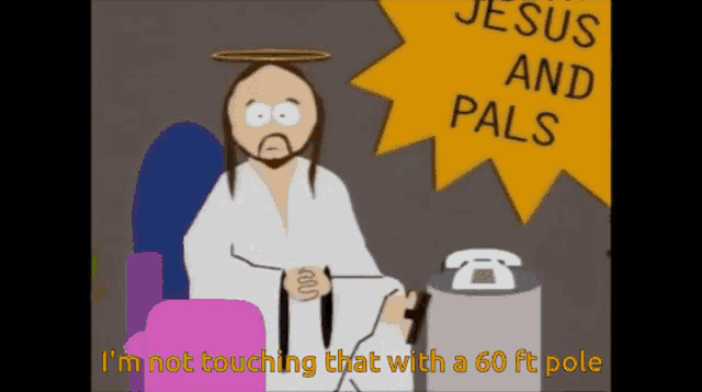 a cartoon of jesus talking on a phone with the words jesus and pals behind him