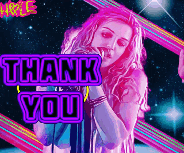 a woman singing into a microphone with the words thank you written above her