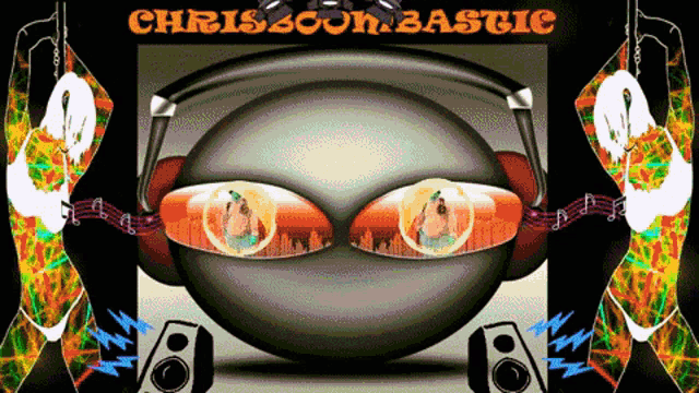 a chris boom bastic poster with a smiley face wearing headphones and speakers