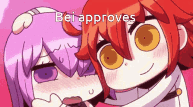 a couple of anime characters are hugging each other with the caption " bei approves " above them