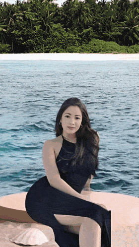 a woman in a black dress is sitting on a rock in front of the ocean