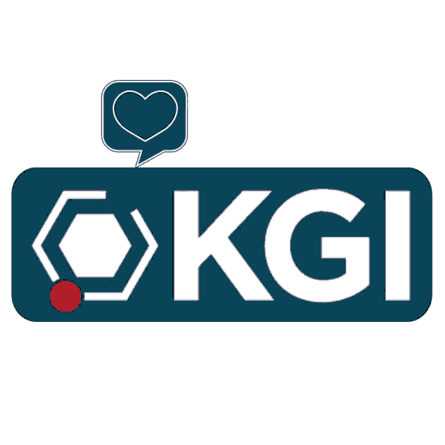 a logo for kgi has a heart in a speech bubble above it