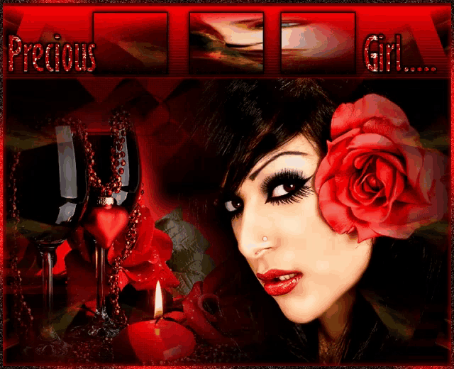 a woman with a red rose in her hair and the words precious girl