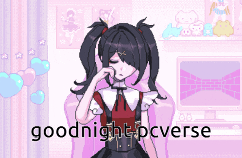 a pixel art drawing of a girl with the words goodnight pcverse above her