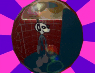 a cartoon character is standing inside of a colorful globe