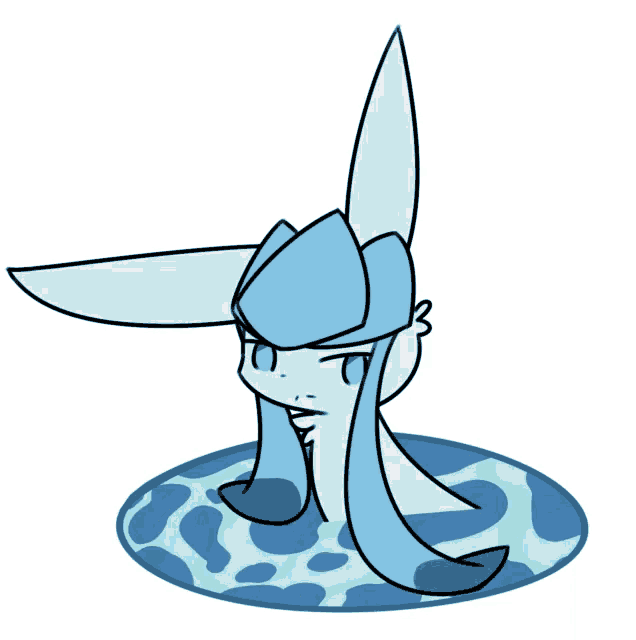 a drawing of a blue and white cartoon character sitting in a circle of water