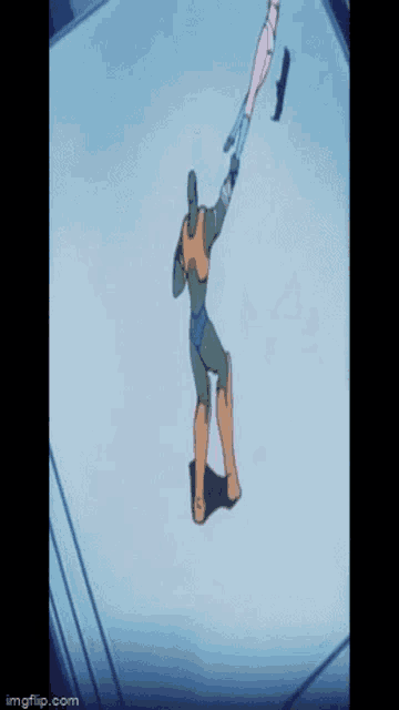 a cartoon of a man falling into the air with a gun