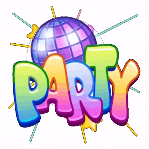 a colorful party logo with a disco ball and stars