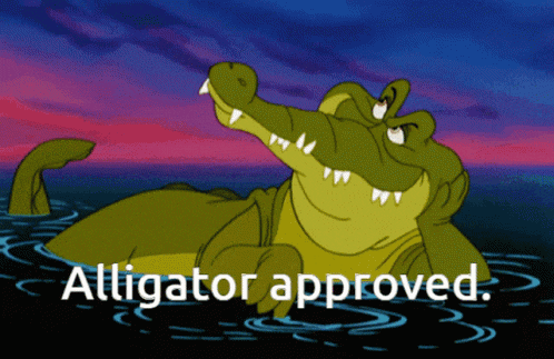 a cartoon alligator in the water with the words alligator approved above it