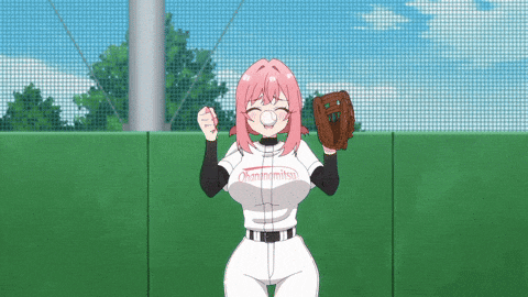 a girl with pink hair is wearing a baseball uniform and holding a glove and a ball