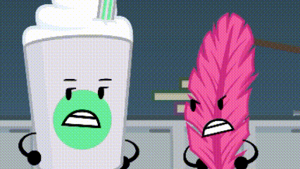 a toothpaste tube with a green face and a pink feather with a green face are standing next to each other .