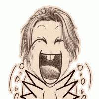 a black and white drawing of a woman laughing with her mouth wide open .