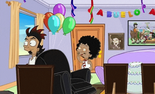 a cartoon scene with balloons and a banner that says abuelo on it