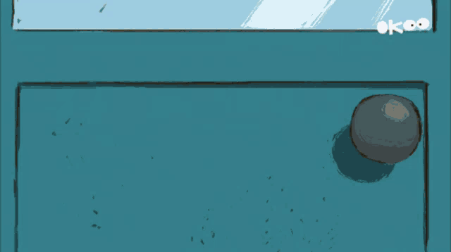 a cartoon character is standing in front of a door that says okoo on it