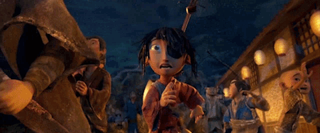 a cartoon character with a knife in his eye stands in front of a crowd of people