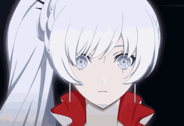 a girl with white hair and blue eyes looks at the camera