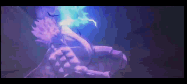 a purple and blue animated image of a person with a blue light coming out of their mouth .