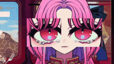 a cartoon of a girl with pink hair crying with a fork in the background