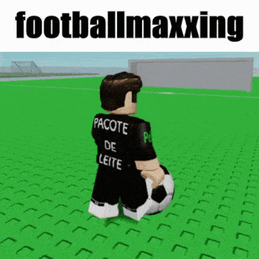 a man in a pacote de leite shirt is holding a soccer ball on a green field