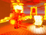 a video game character is holding a sword in a room with a chair in the background .