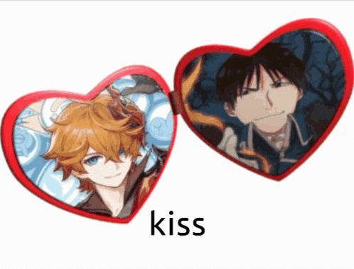 two red hearts with a picture of a man and the word kiss below them