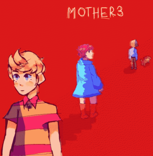 a poster for mother 3 shows a boy and two girls on a red background