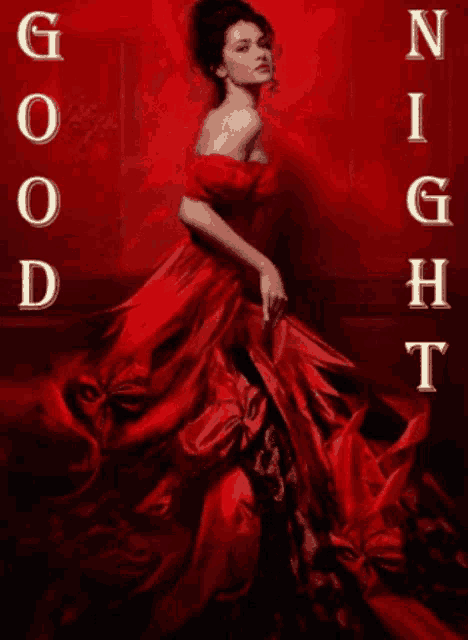a painting of a woman in a red dress with the words good night behind her