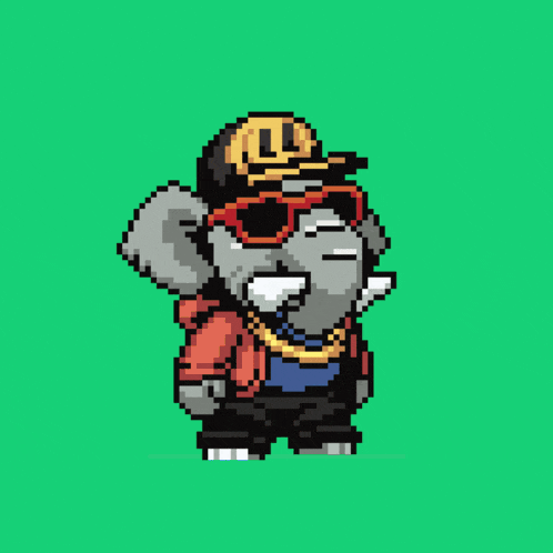 a pixel art of an elephant wearing sunglasses and a hat that says all