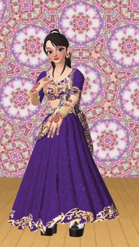 a woman in a purple dress stands in front of a kaleidoscope